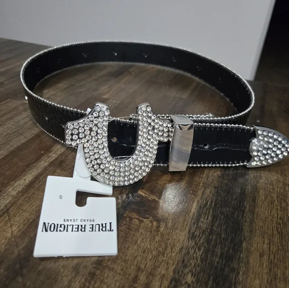 NWT True Religion Black Moc Croc Rhinestone Horseshoe Belt
